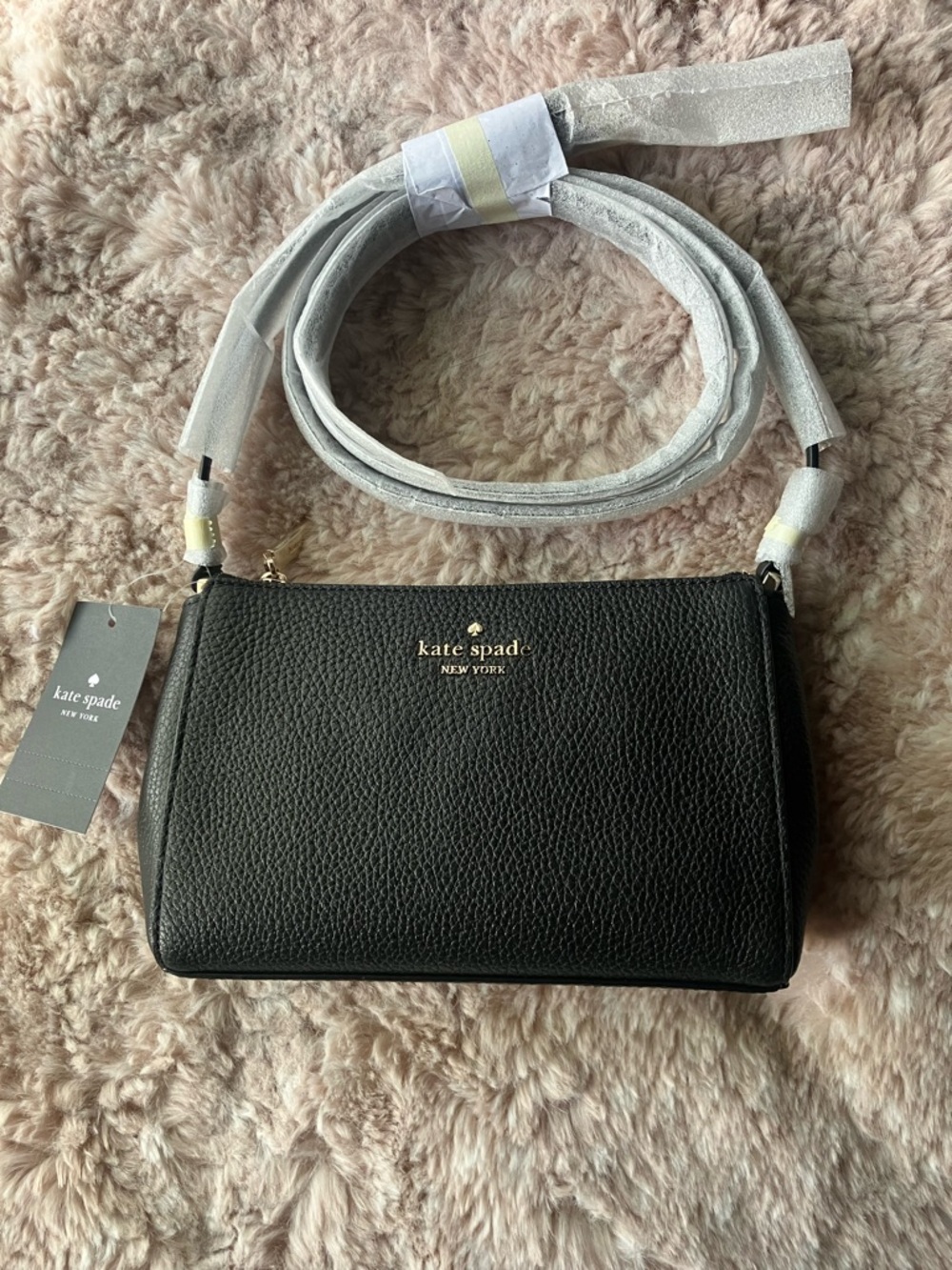 Kate Spade Leila Triple Gusset Black Pebbled Leather Crossbody with Gold Logo
